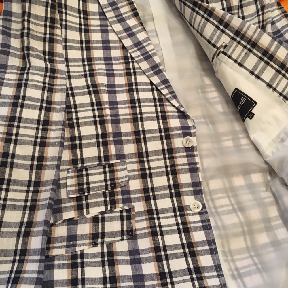 NEW MEN’S LINEN SPORTCOAT PLAID NAVY KHAKI WHITE